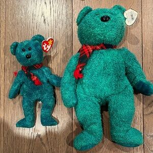 Ty Plush Bears in Teal with Red Plaid Scarves